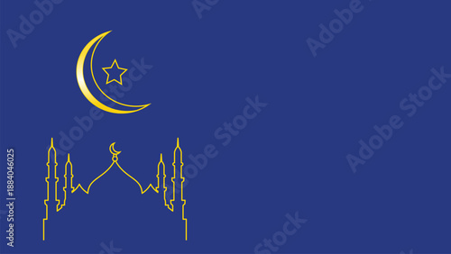 Islamic symbol with crescent moon and star on blue background.