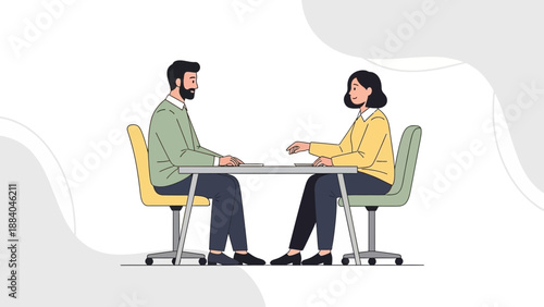 Job Interview Flat Illustration: Man and Woman Sitting at Table