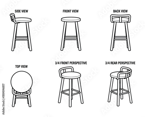 Bilde på lerret Different angles of stool side front back top three-quarter view for furniture p