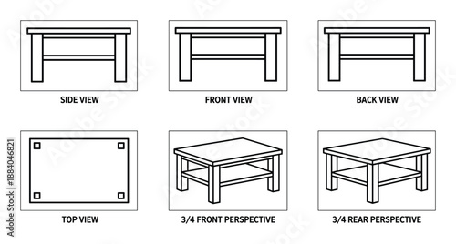 Different angles of table side front back top three-quarter view for furniture presentation or catalogue