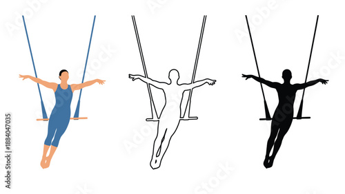 A woman in a blue leotard swinging on a trapeze with different silhouettes