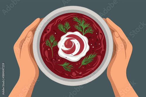 Top Down Hands Holding Borscht Soup Bowl