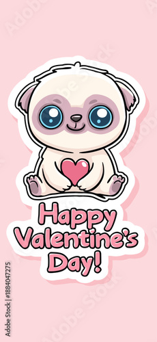 Cute cartoon animal holding a pink sign for Valentine's Day celebration. Cute big-eyed animal delivering Happy Valentine's Day message