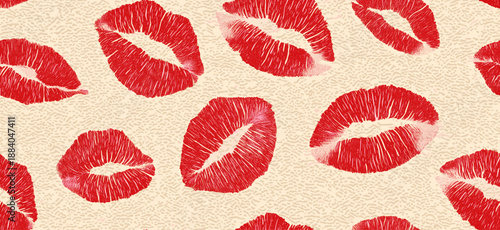 Red lipstick kiss marks covering a cream textured paper surface, creating a playful pattern. Red lipstick kiss marks seamless pattern on textured paper