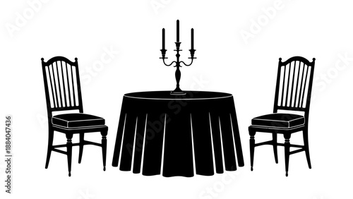 A simple black and white illustration of a dining table setting