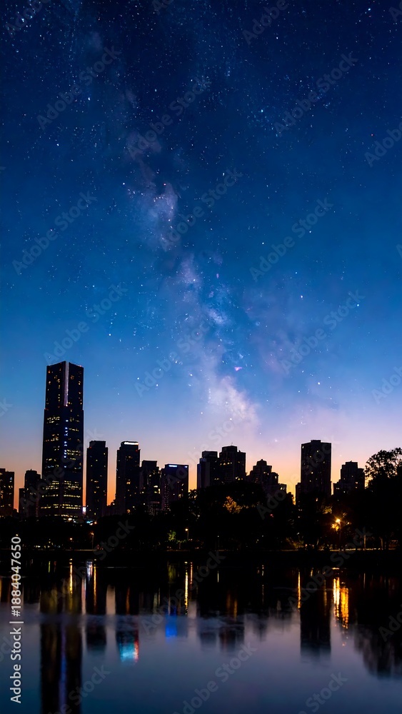 Fototapeta premium Nighttime city skyline with reflected lights under a starry sky and dark trees