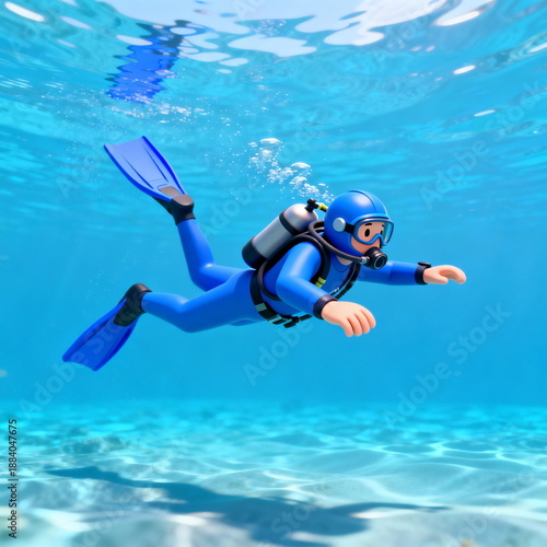 Cartoon Scuba Diver Swimming Underwater