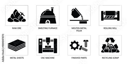 Metal industry production stages and metallurgy manufacturing process vector diagram with raw ore and recycling