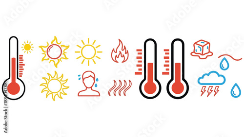 A collection of weather and temperature icons on a white background
