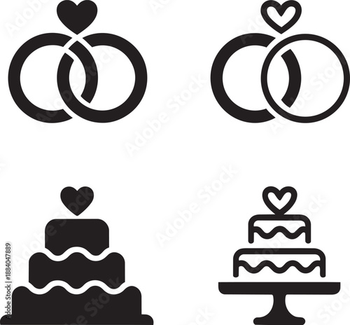 Wedding icon collection featuring interlocking rings and tiered cake with heart shaped toppers