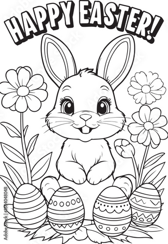 Happy Easter Bunny Coloring Page – Cute Line Art with Eggs and Flowers