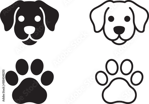 Cute puppy dog face and paw print vector icons set black and outline style on transparent