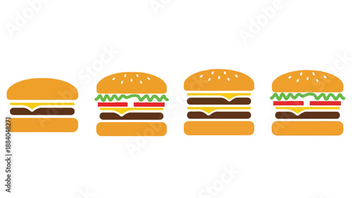 A row of colorful burgers on a white background for food illustration