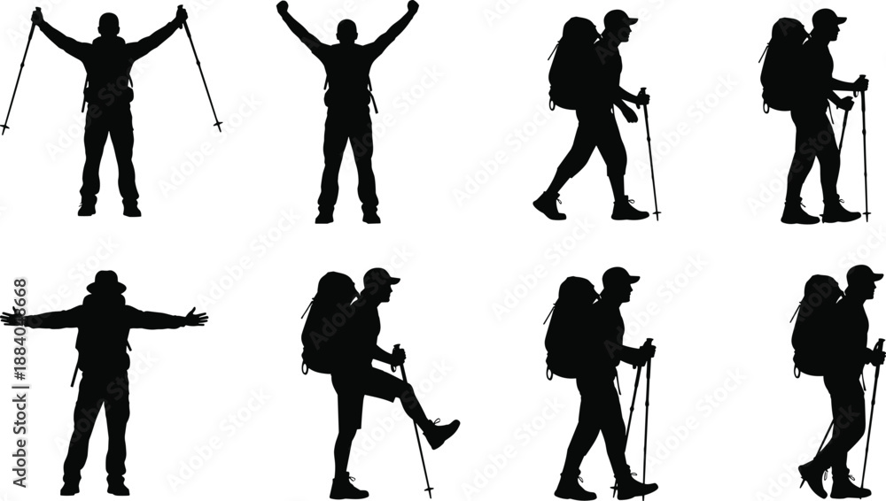 Obraz premium Set of High Quality Male Hiker Silhouettes Featuring Backpackers with Trekking Poles Hiking Walking and Celebrating Success for Outdoor Adventure Tourism and Mountaineering Graphic Designs