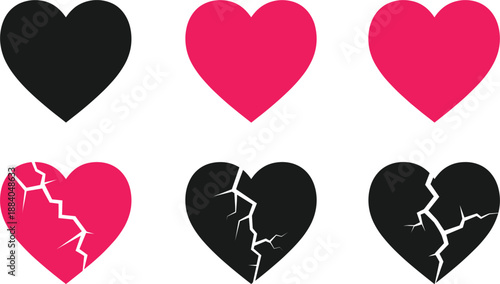 Set of Flat Heart Icons and Broken Heart Symbols in Black and Pink for Emotional Expression, Relationship Status, Valentine's Day Apps, and Mental Health Designs
