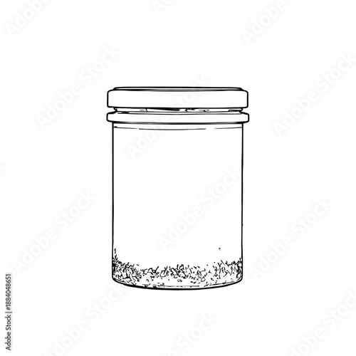 Illustration of a simple, clear cylindrical jar with a screw-on lid, containing a small amount of residue at the bottom. The image is minimalistic and monochrome.