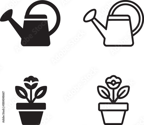 Set of black watering can and flower in pot icons on transparent background