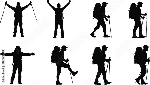 Set of High Quality Male Hiker Silhouettes Featuring Backpackers with Trekking Poles Hiking Walking and Celebrating Success for Outdoor Adventure Tourism and Mountaineering Graphic Designs