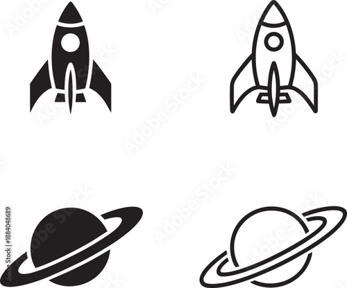 Space exploration rocket ship and ringed planet saturn icons for astronomy and science project