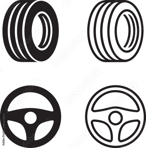 Tire and steering wheel vector icon set car auto vehicle part outline sign symbol