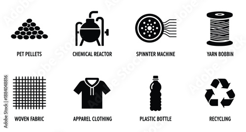 Polyester fabric production line diagram vector isolated icons process pet pellets chemical reactor