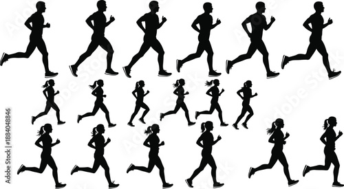 Set of running man and woman silhouettes in various jogging poses and marathon sprinting motions isolated on white background for sports and fitness design.
