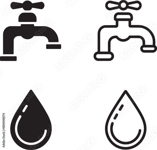 Water faucet and drop vector icons plumbing plumbing fixture liquid outline sign symbol