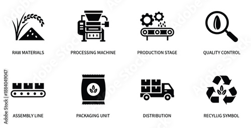 Production process stages vector black glyph icons set from raw materials to packaging unit