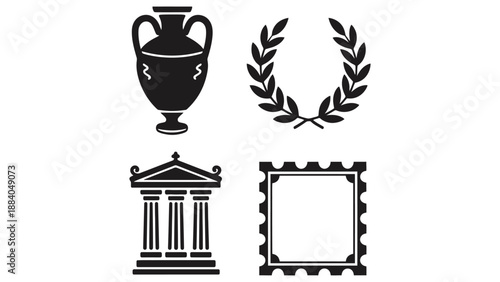 A collection of ancient Greek and Roman symbols on a white background