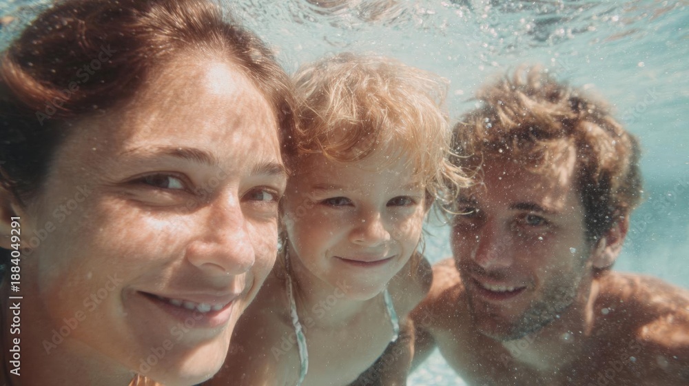 Obraz premium Family of three - a mother, father and a young child - swimming underwater in a pool. the mother is on the left side of the image, with her head above the water and a big smile on her face.