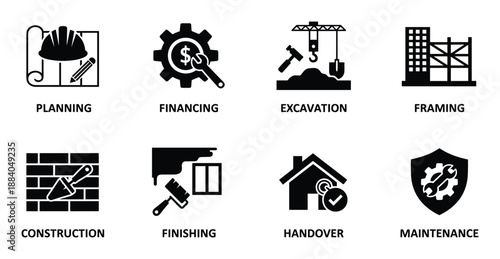 Project construction process planning vector icon set for building phases and stages on transparent background