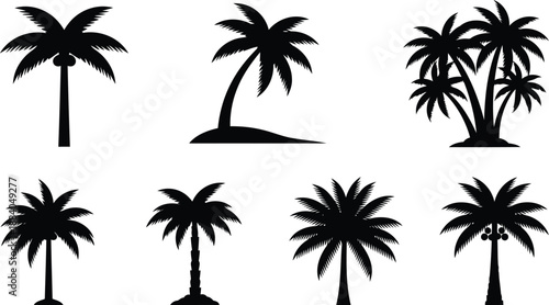 Set of eight black palm tree silhouettes Vector