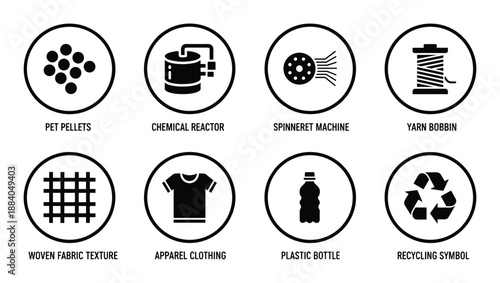 Recycled polyester production line diagram vector isolated icons recycling apparel woven plastic bottle