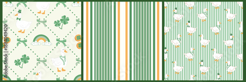 Playful St. Patrick’s Day seamless pattern set with cute goose, shamrock clovers, rainbows, lucky coins, green stripe designs. Perfect for festive backgrounds, wrapping, fabric, stationery, branding. 