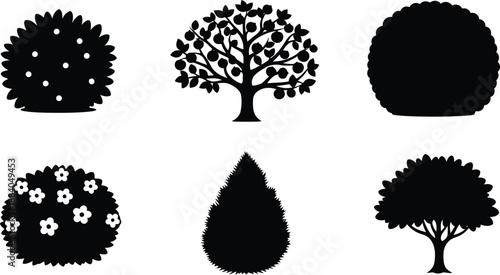 Set of six unique bush and tree silhouettes Vector