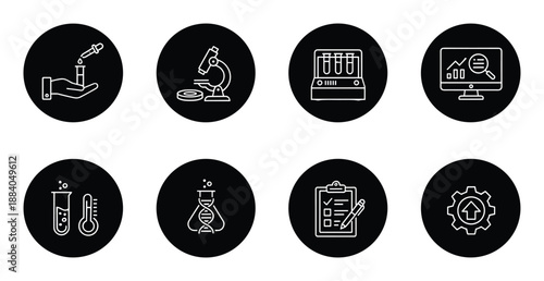 Scientific lab research and analysis vector concept of experiments linear design icon set illustration
