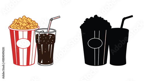 An illustration of popcorn and soda in red and black