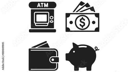 A set of black and white icons representing various financial concepts