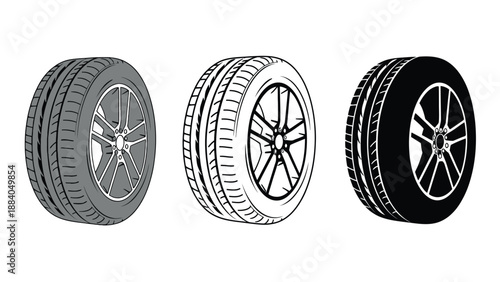 A set of three different colored car tires on a white background