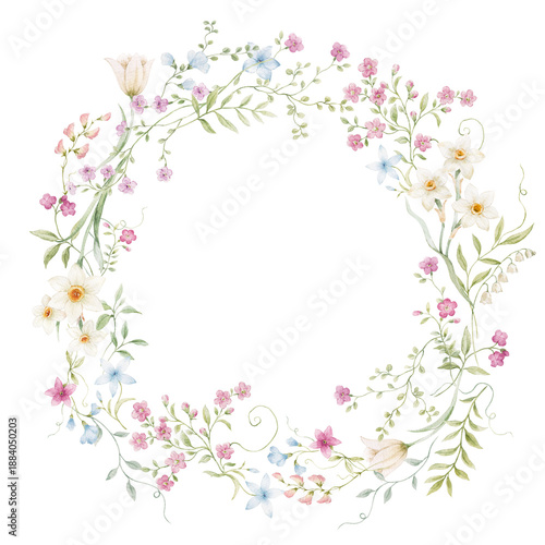 Watercolor floral wreath clipart with gentle wildflowers and green foliage. Soft botanical frame in natural meadow style, ideal for wedding stationery, baby and girls designs, fashion, textile and