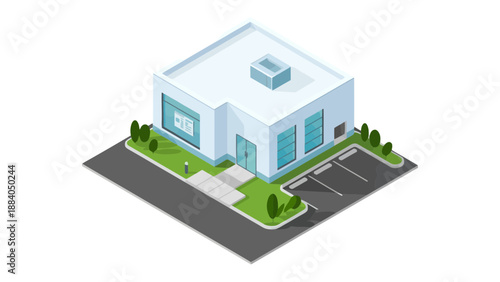 A modern building with a parking lot and green surroundings