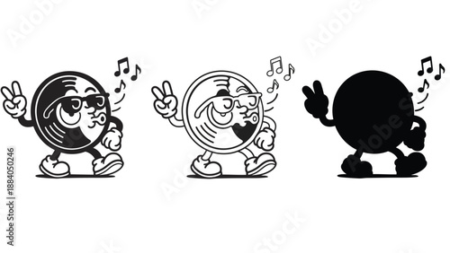 A set of three cartoon music notes in different styles and colors