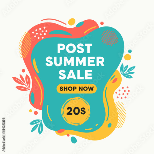 Summer Sale banner, hot season discount poster with flamingo and refreshing cocktails on sea background