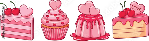 Set of Pink Valentine's Day Dessert Vectors featuring Strawberry Layer Cakes with Cherries, Heart Topped Cupcakes, and Gourmet Pudding for Romantic Celebration Menus