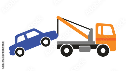 A tow truck is towing a blue car on a white background