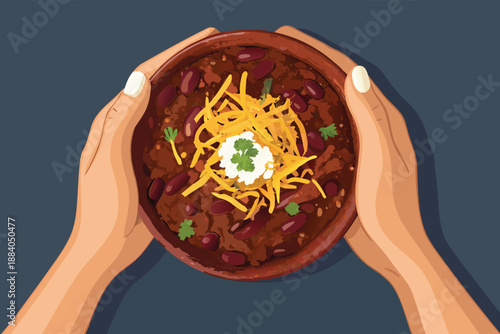 Top Down Hands Holding Chili Con Carne Bowl