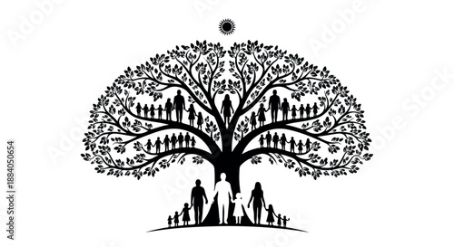Black silhouette illustration of a tree with people of all ages and sizes on branches and under the tree on a white background.