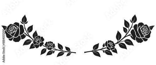 Black rose flowers and leaves arranged as a symmetrical floral border silhouette symbolizing elegance romance classic design and decorative framing on white background