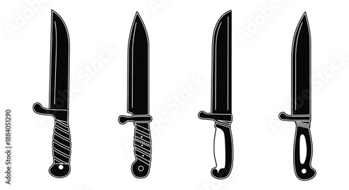 Four distinct knife designs presented in a stark black and white silhouette