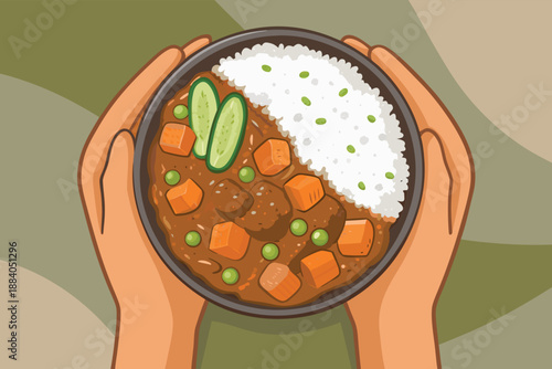 Top Down Hands Holding Curry Rice Bowl Ill